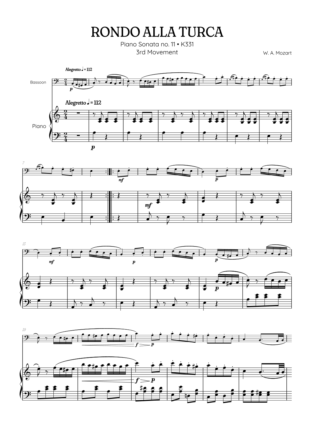 Rondo Alla Turca (Turkish March) • bassoon sheet music with piano accompaniment (arr. Benzaiten Editions)