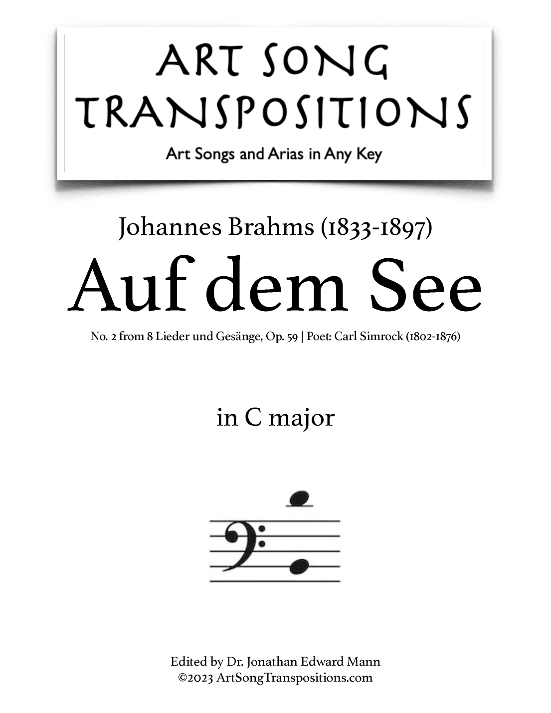 BRAHMS: Auf dem See, Op. 59 no. 2 (transposed to C major, bass clef) (arr. ArtSongTranspositions.com)