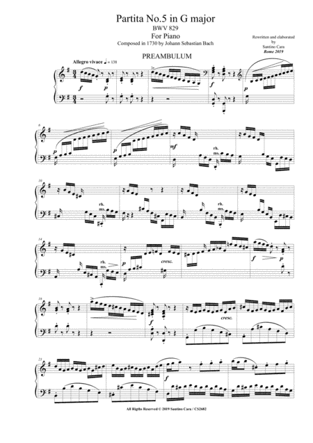 Bach - Partita No.5 in G major BWV 829 for Piano (arr. Santino Cara)