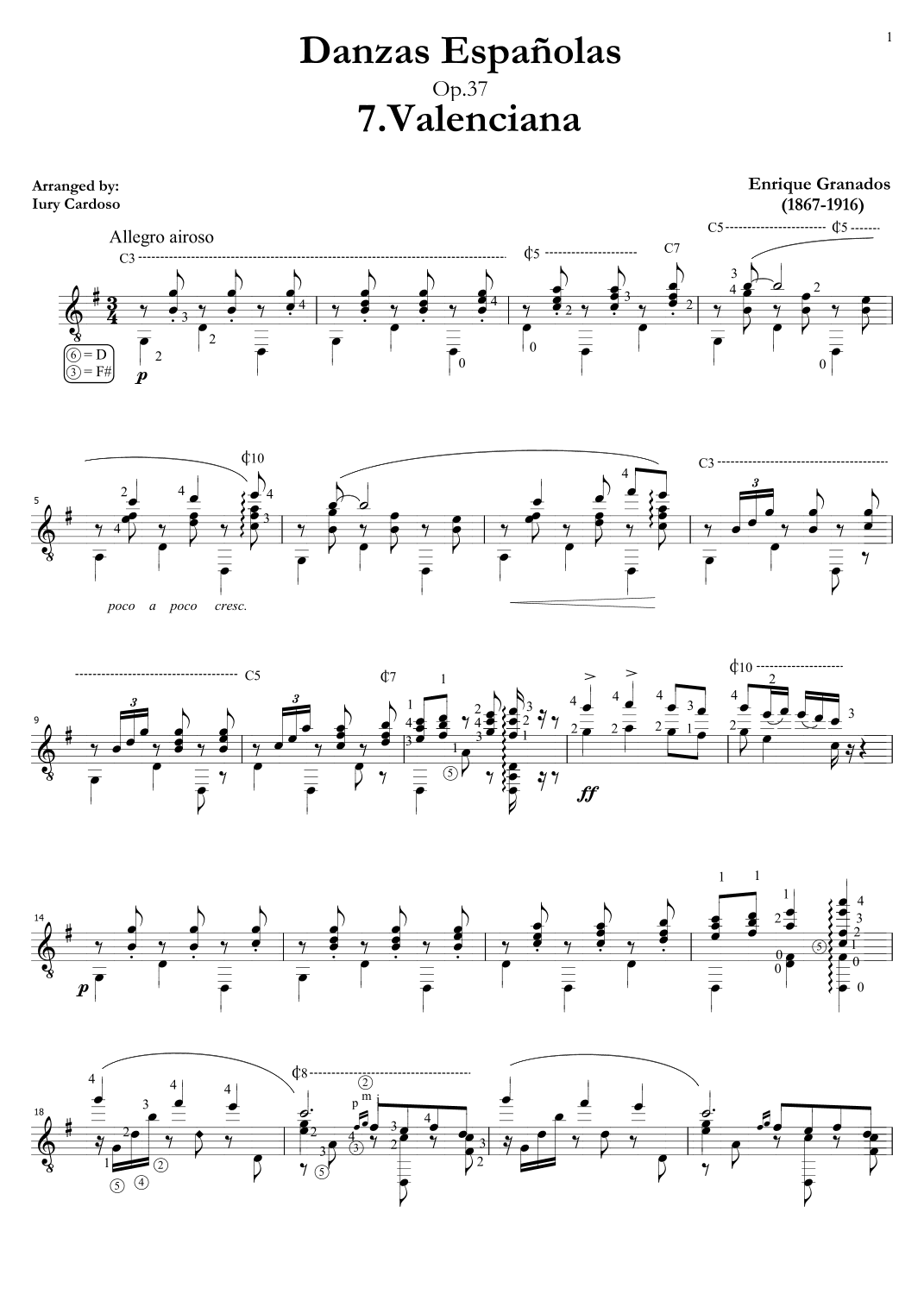 Guitar arrangement of the "Spanish dance No.7" (Danza Española n°7 "Valenciana") (arr. Iury Cardoso)