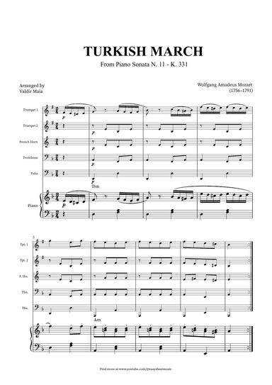 Turkish March - Brass Quintet and Piano + CHORDS (arr. Valdir Maia)