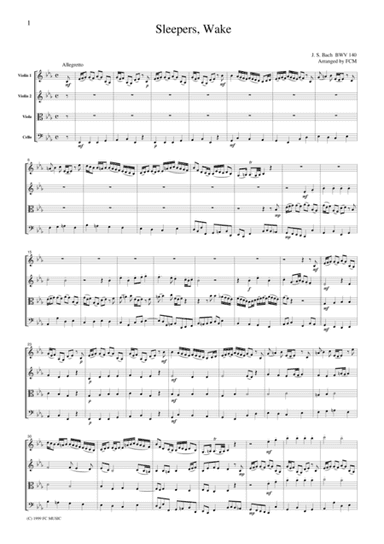 J.S.Bach  Sleepers, Wake from BWV140, for string quartet, CB208 (arr. FCMUSIC)