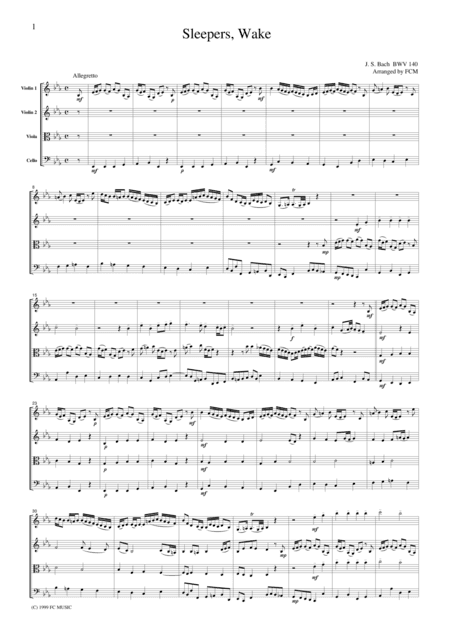 J.S.Bach  Sleepers, Wake from BWV140, for string quartet, CB208 (arr. FCMUSIC)