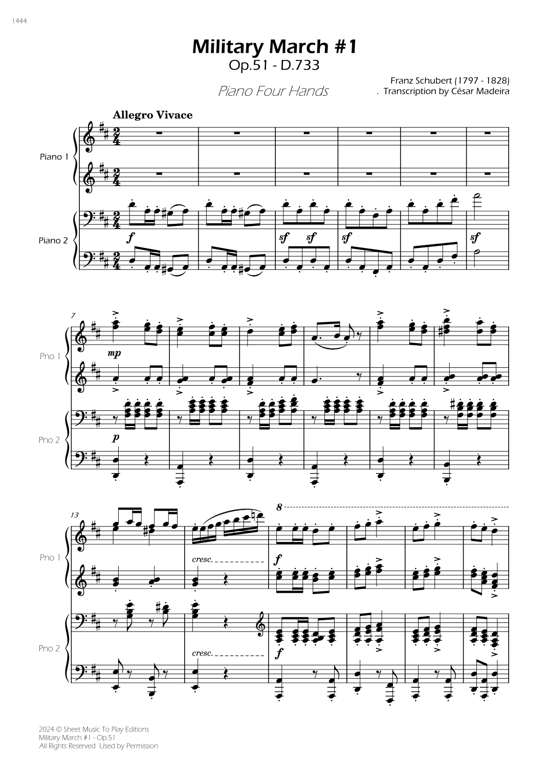 Military March No.1, Op.51 - Piano Four Hands (Full Score) (arr. César Madeira)