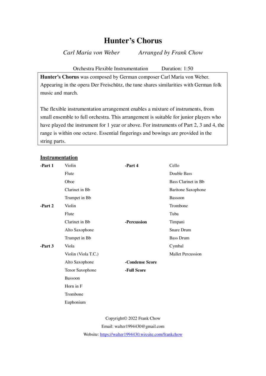 Hunter's Chorus (Orchestra/Concert Band Flexible Instrumentation) (arr. Frank Chow)