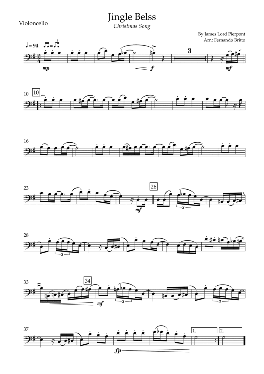 Jingle Bells - Jazz Version (Christmas Song) for Cello Solo (arr. Fernando Britto)