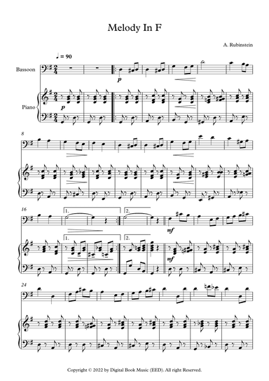 Melody In F - Anton Rubinstein (Bassoon + Piano) (arr. Digital Book Music)