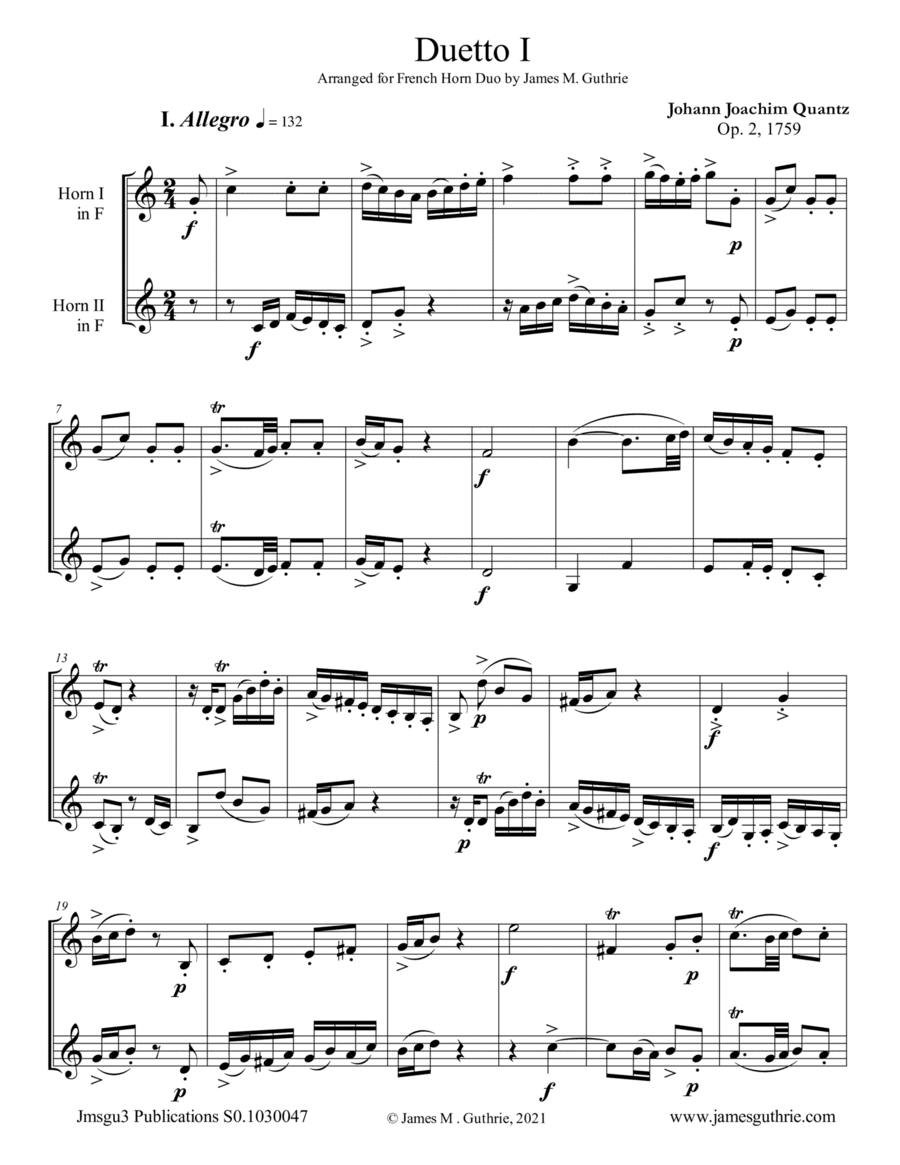 Quantz: Six Duos Op. 2 Complete for French Horn Duo (arr. James M. Guthrie)