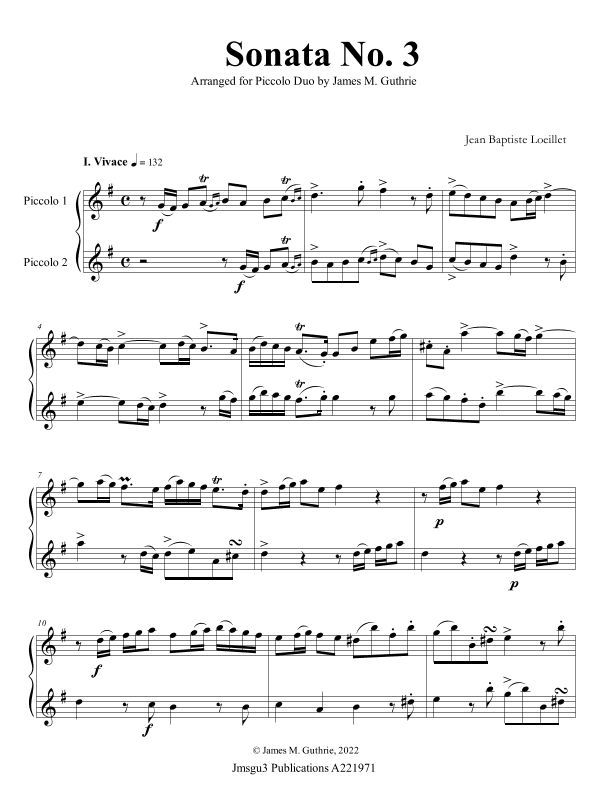 Loeillet: Sonata No. 3 for Piccolo Duo (arr. James M. Guthrie)