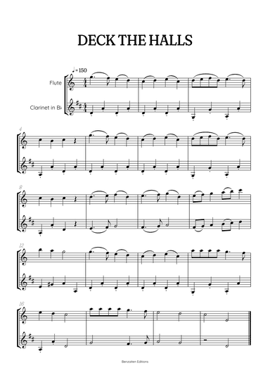 Deck the Halls flute and clarinet duet • easy Christmas song sheet music (arr. Benzaiten Editions)