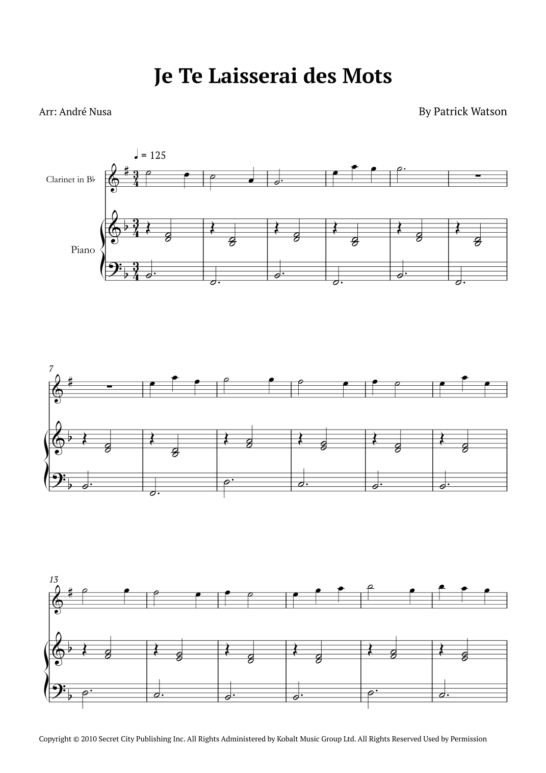 Je Te Laisserai Des Mots (arr. André Nusa)