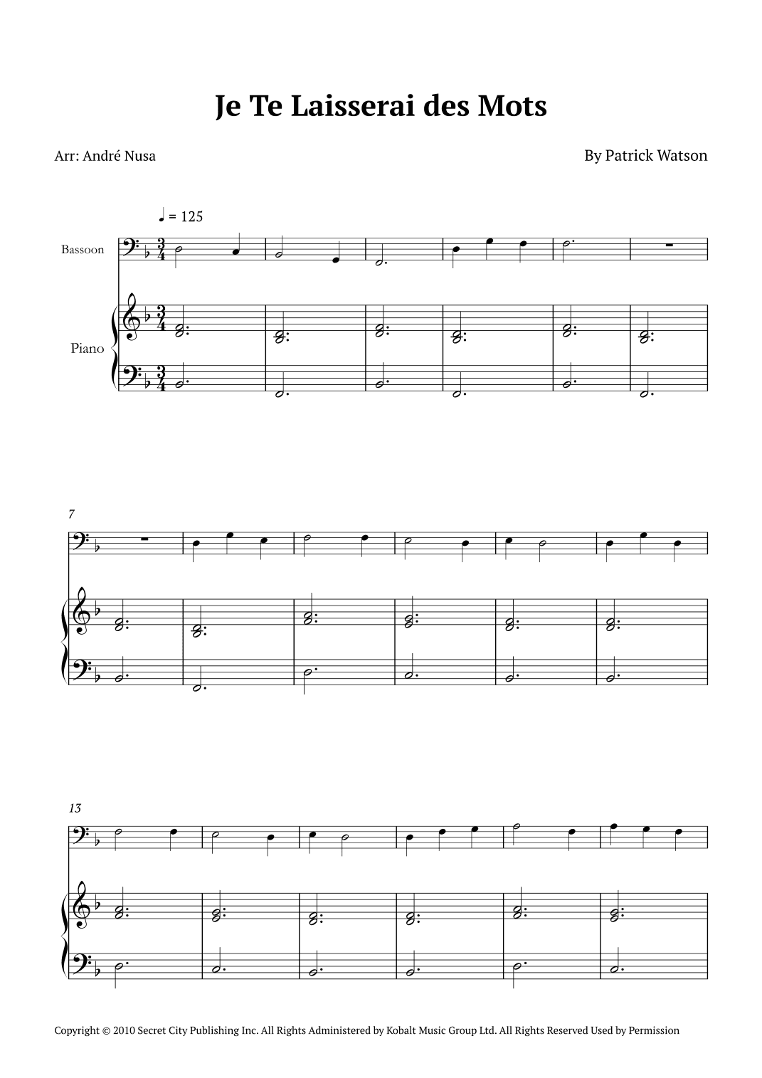 Je Te Laisserai Des Mots (arr. André Nusa)