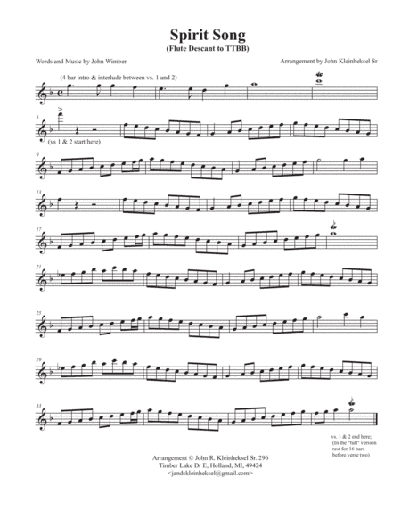 This is a Flute Obbligato to SPIRIT SONG (TTBB version)