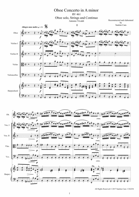 Vivaldi - Oboe Concerto in A minor RV 461 for Oboe, Strings and Continuo - Score and Parts (arr. Santino Cara)