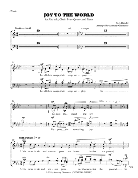 Joy to the World (alto solo, choir, piano, brass quintet) - CHOIR PART (arr. Anthony Giamanco)
