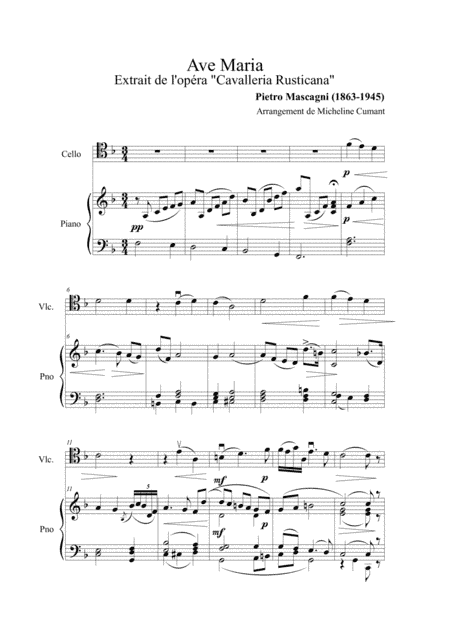 Mascagni-Ave Maria-Extrait de "Cavalleria Rusticana" pour violoncelle et piano (arr. Cumant Micheline)