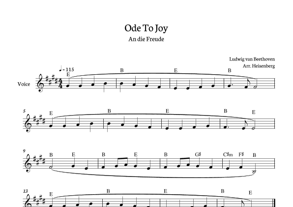 Beethoven - Ode To Joy for voice with chords in E (Lyrics in German)  (arr. Heisenberg)