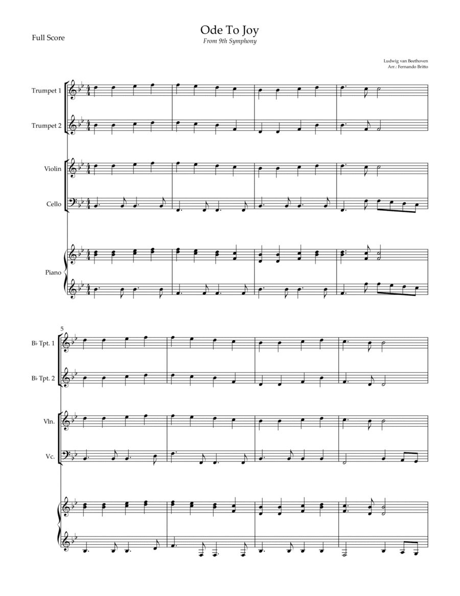 Ode To Joy (from Beethoven's 9th Symphony) for 2 Trumpet, Violin, Cello and Piano (Easy) (arr. Fernando Britto)