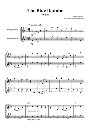 The Blue Danube - Trumpet Duet with Chord Notations (arr. Glauco Fernandes)