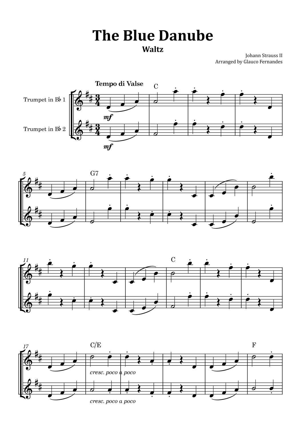 The Blue Danube - Trumpet Duet with Chord Notations (arr. Glauco Fernandes)