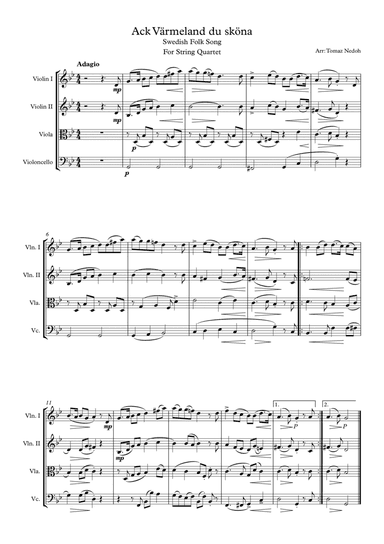 Ack Värmeland du sköna for String Quartet (arr. Tomaz Nedoh)