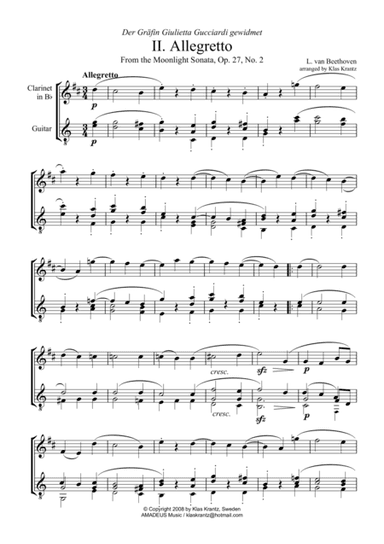 Allegretto (Moonlight Sonata) for clarinet in Bb and guitar (C Major) (arr. Amadeus Music)