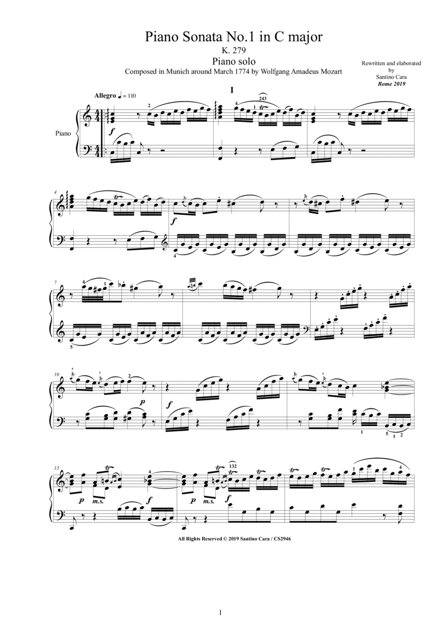 Mozart - Piano Sonata No.1 in C major K 279 - Complete score (arr. Santino Cara)