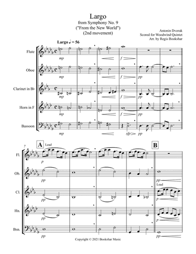 Largo (from "Symphony No. 9") ("From the New World") (Db) (Woodwind Quintet - 1 Flute, 1 Oboe, 1 Cla (arr. Regis Bookshar)