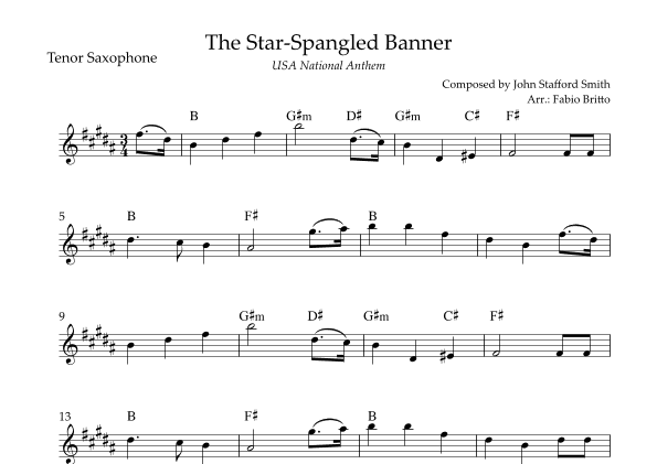 The Star Spangled Banner (USA National Anthem) for Tenor Saxophone Solo with Chords (A Major) (arr. Fabio Britto)