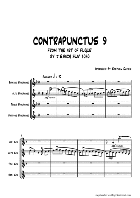 'Contrapunctus 9' By J.S.Bach BWV 1080 from 'The Art of the Fugue' for Saxophone Quartet. (arr. Stephen Davies)