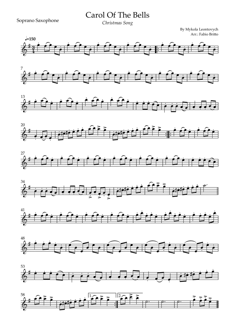 Carol Of The Bells (Christmas Song) for Soprano Saxophone Solo (D Minor) (arr. Fabio Britto)