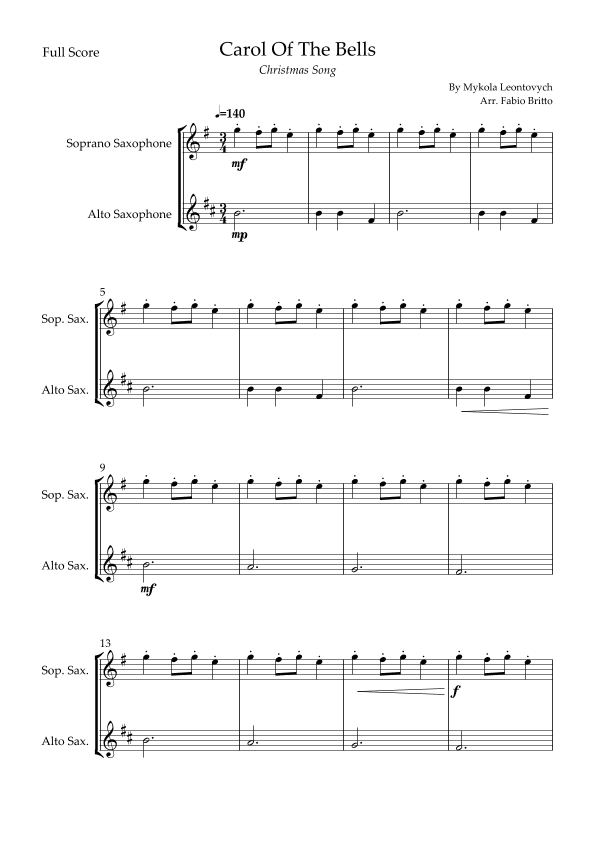 Carol Of The Bells (Christmas Song) for Soprano Saxophone & Alto Saxophone Duo (arr. Fabio Britto)