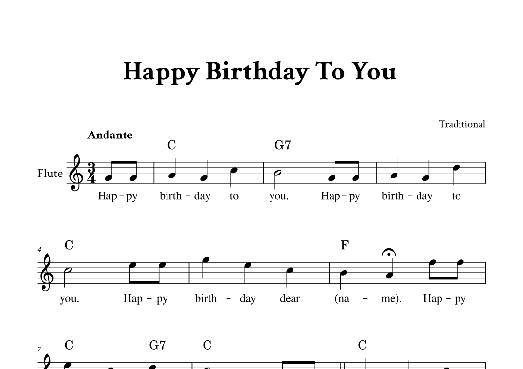 Happy Birthday To You - For Flute (C Major - with Chords and Lyrics) (arr. Yuri Noronha)