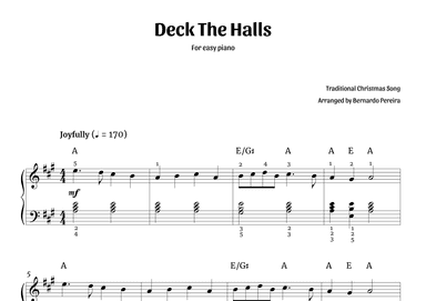 Deck The Halls (easy piano in A major – with chords) (arr. Bernardo Pereira)