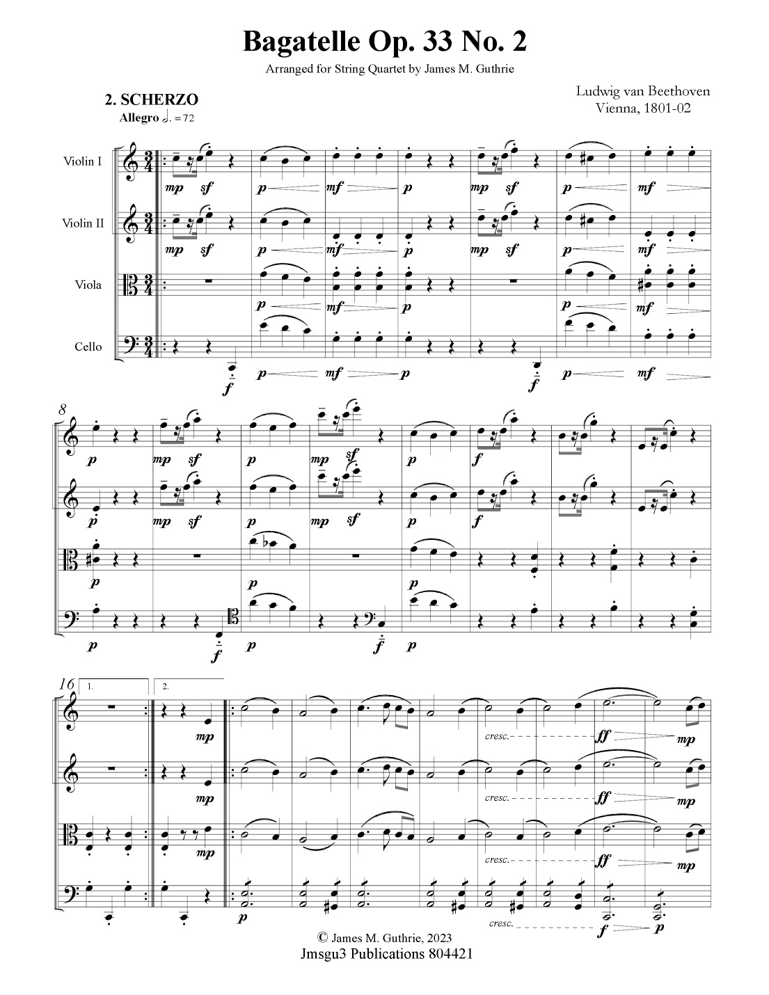 Beethoven: Bagatelle Op. 33 No. 2 for String Quartet (arr. James M. Guthrie, ASCAP)