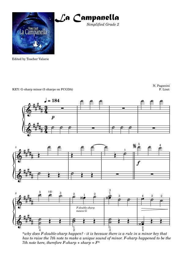 La Campanella (Simplified) Grade 2 Easy Piano withnote names finger numbers Self Learning Series (arr. Teacher Valarie)