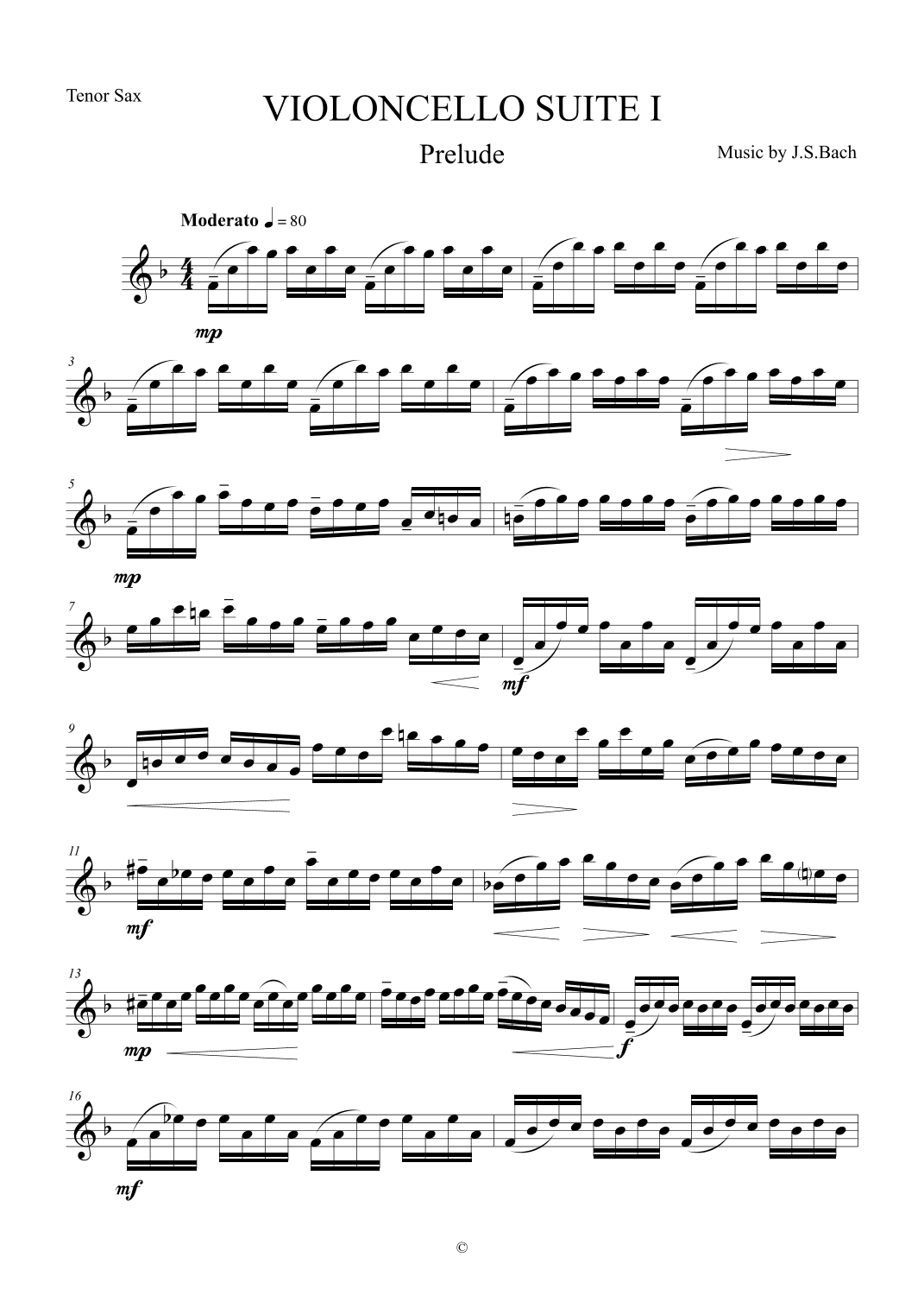 Prelude from Violoncello Suite I by J.S.Bach for Tenor Saxophone (arr. The Sheet Music Library)