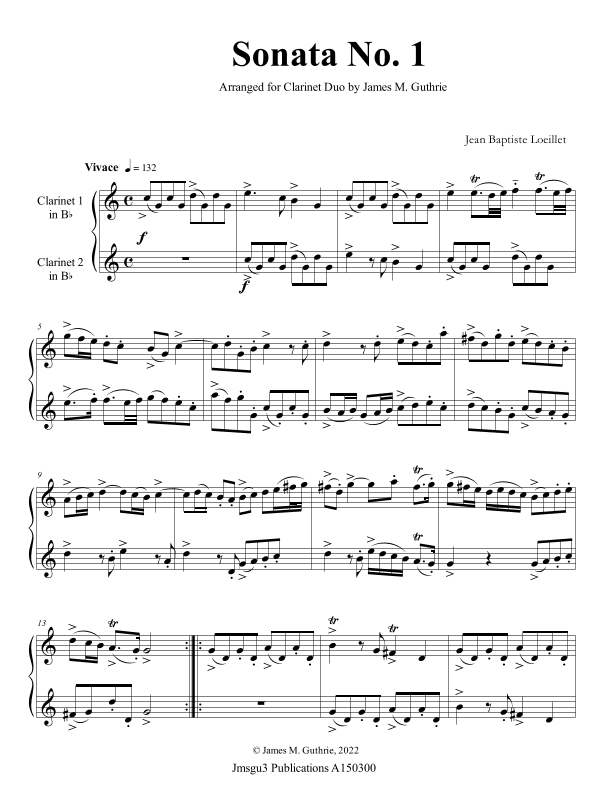 Loeillet: Six Sonatas Op. 5 No. 2 Complete for Clarinet Duo (arr. James M. Guthrie)