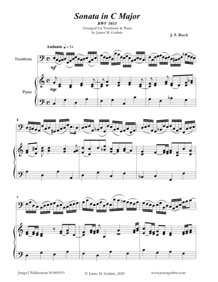 BACH: Sonata BWV 1033 for Trombone & Piano (arr. James Guthrie, ASCAP)