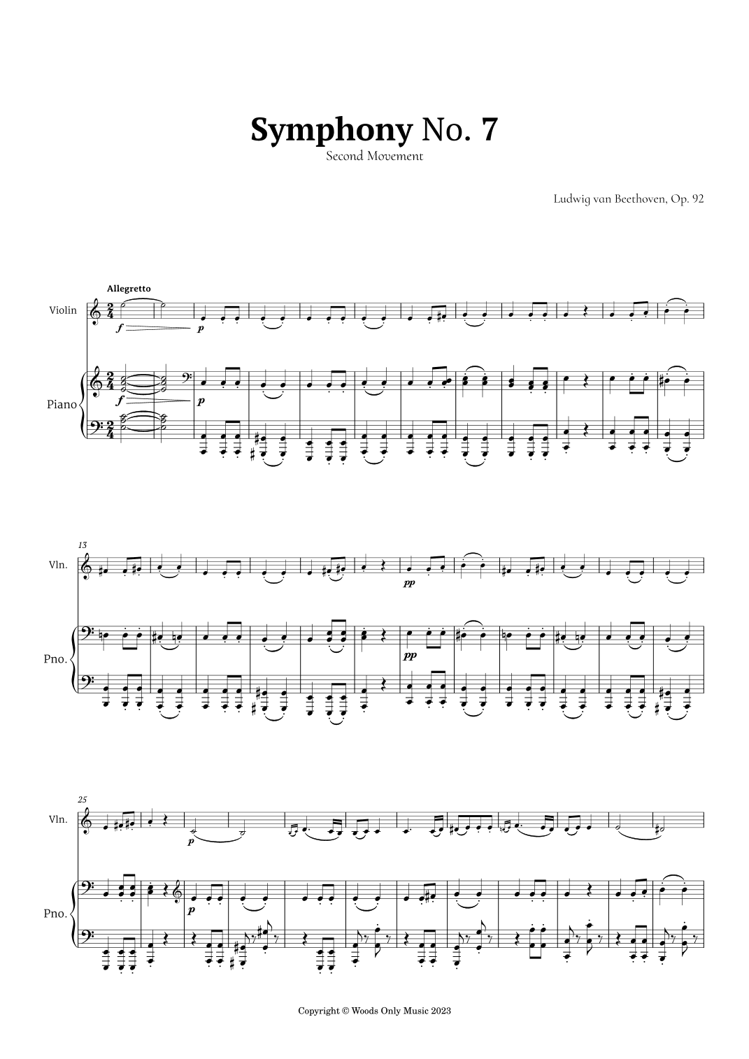 2nd Movement of Symphony No. 7 by Beethoven for Violin and Piano (arr. Ander)