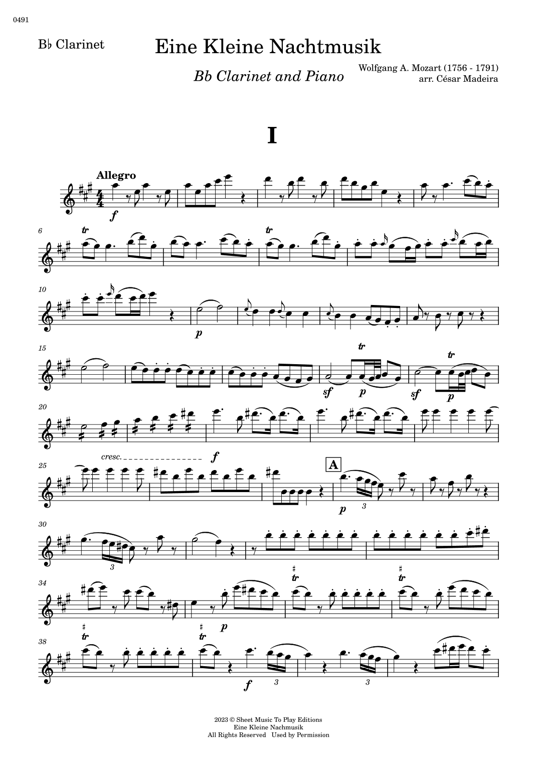 Eine Kleine Nachtmusik (1 mov.) - Bb Clarinet and Piano (Individual Parts) (arr. César Madeira)