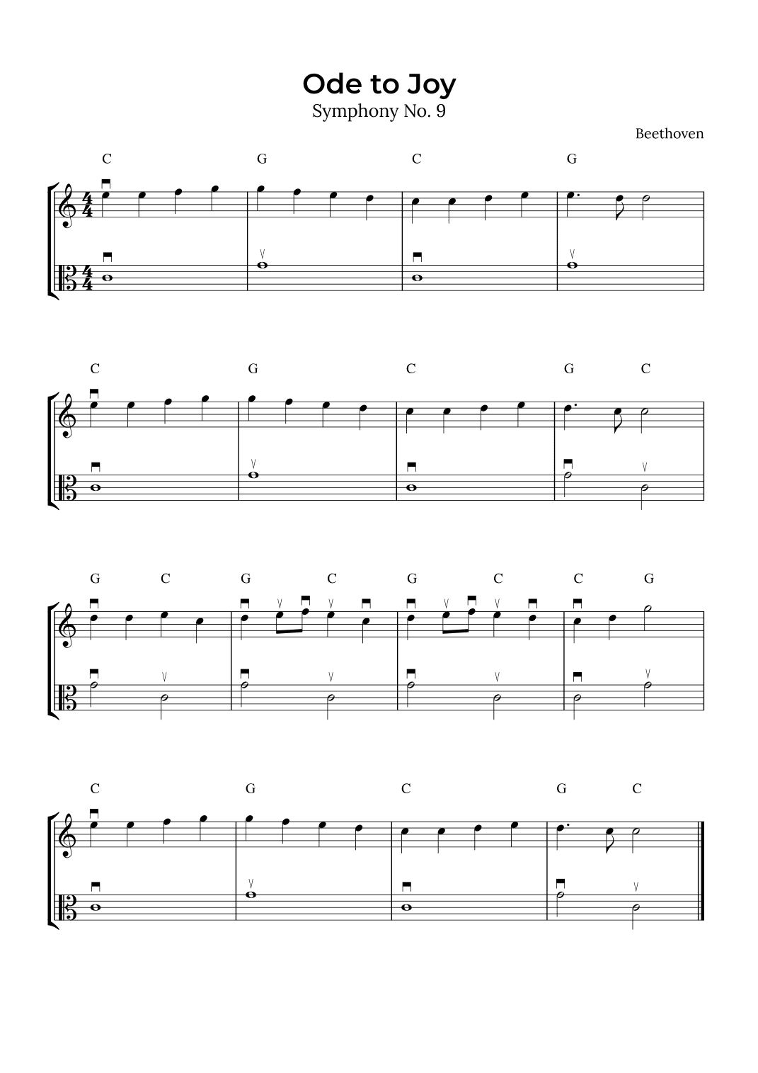Ode to Joy (Violin and Viola with chord and bow notation) (arr. Alex Nunes Rodrigues)