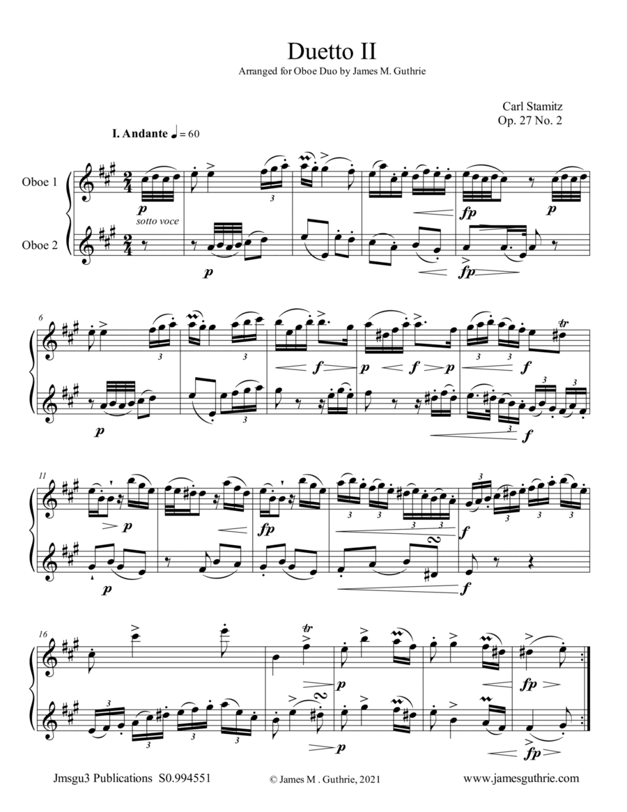 Stamitz: Duet Op. 27 No. 2 for Oboe Duo (arr. James M. Guthrie)