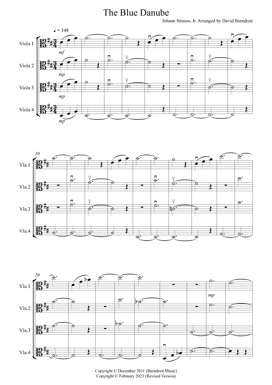 The Blue Danube for Viola Quartet (arr. David Burndrett)