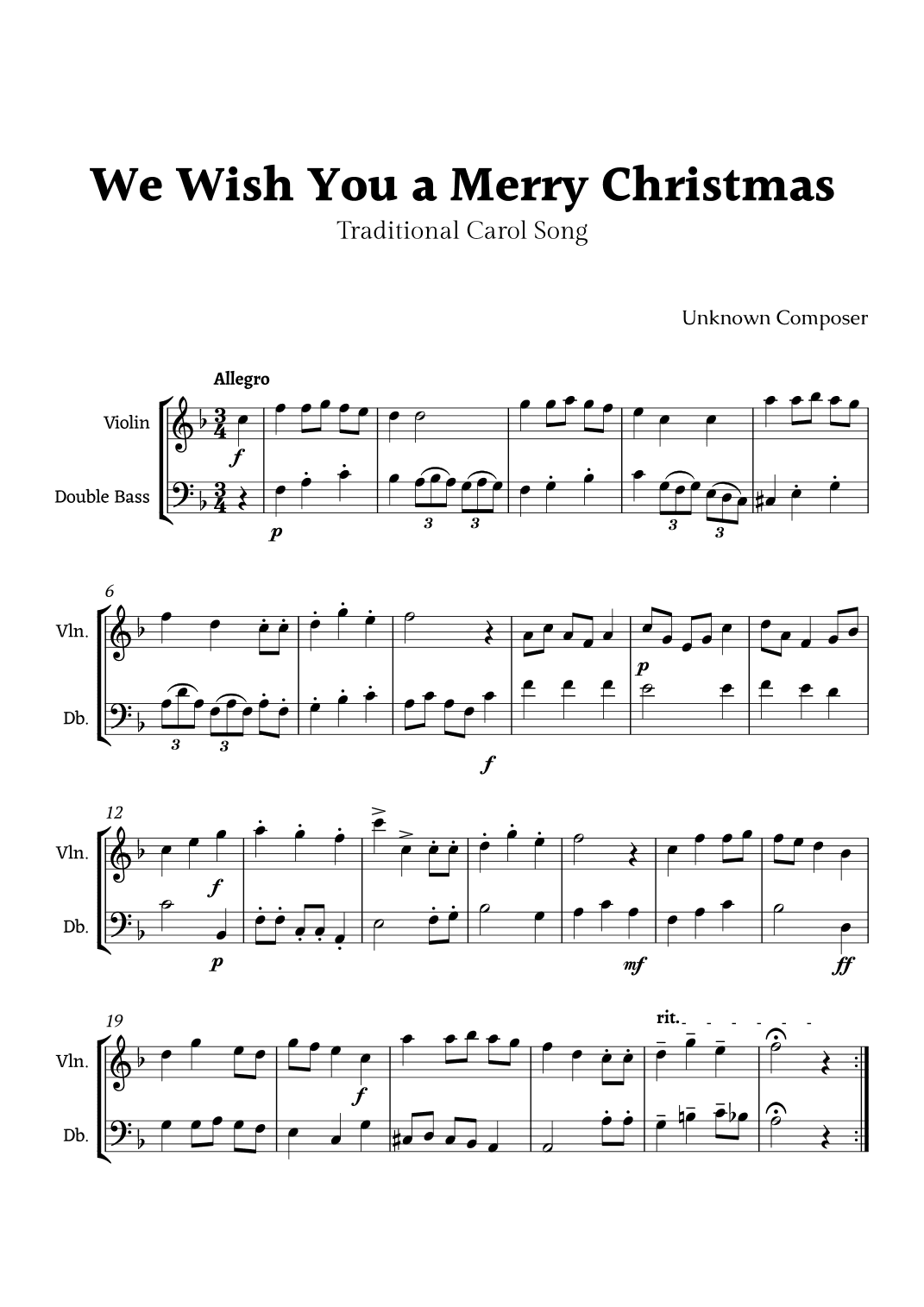 We Wish you a Merry Christmas for Violin and Double Bass Duet (arr. Rika K.)