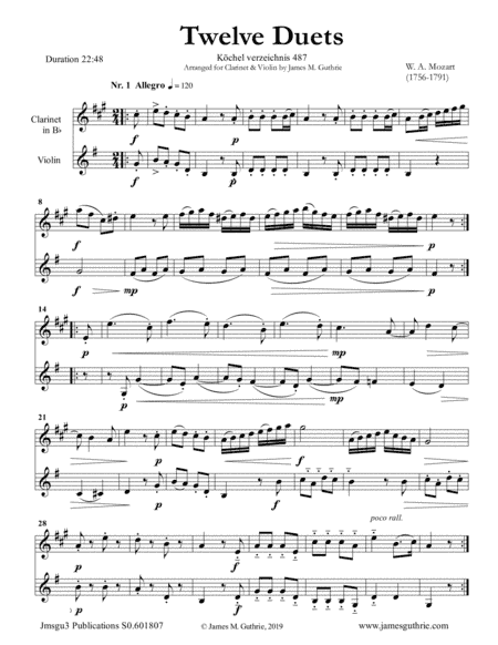 Mozart: Twelve Duets K. 487 for Clarinet & Violin (arr. James M. Guthrie, ASCAP)