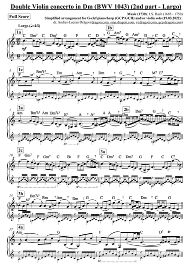 Bach (J.S.) - Double Violin concerto in Dm (BWV 1043) - 2nd part (Largo) - arr. for G-clef piano/har (arr. Andrei Lucian Dragoi)