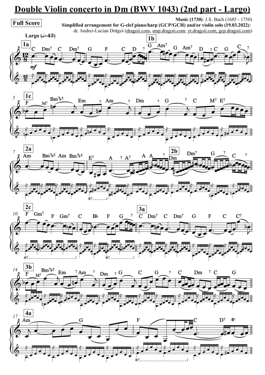 Bach (J.S.) - Double Violin concerto in Dm (BWV 1043) - 2nd part (Largo) - arr. for G-clef piano/har (arr. Andrei Lucian Dragoi)