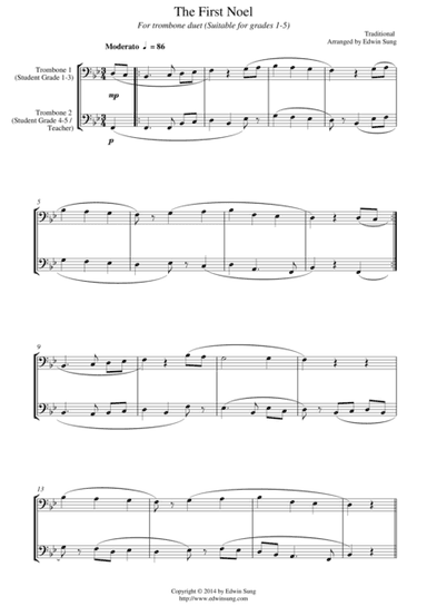 The First Noel (for trombone duet (treble clef), suitable for grades 1-5) (arr. Edwin Sung)