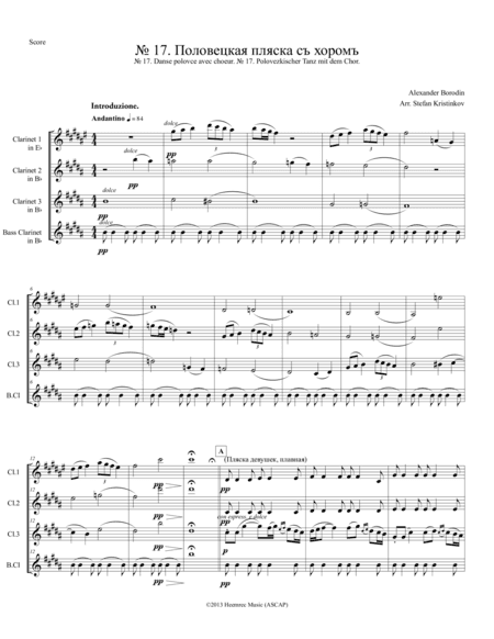 Alexander Borodin, Polovtsian Dances No.17, Arranged for Clarinet Quartet (arr. Stefan Kristinkov)